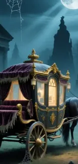 Gothic carriage under moonlight in graveyard setting.