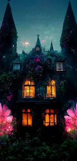 Gothic castle with vibrant flowers in dreamlike fantasy art.