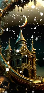 Gothic castle with crescent moon and snowfall in fantasy art design.