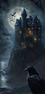 Gothic castle and ravens under a full moon.