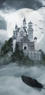 Gothic castle surrounded by fog and moonlight in fantasy scene.