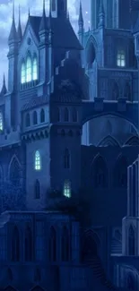 Enchanting gothic castle at night with glowing windows in a fantasy setting.