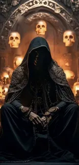 Hooded figure in gothic dark art setting with skulls and ornate decor.