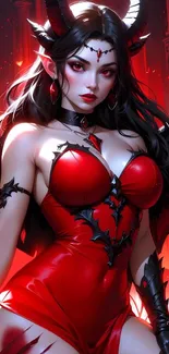 Mystical demon with horns in vivid red tones.