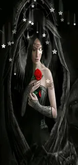 Mystical gothic woman with rose and stars.