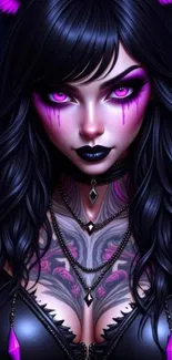 Mystical gothic fantasy character with violet eyes and dark attire.