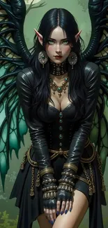 Dark gothic elf with winged attire in mystical setting.