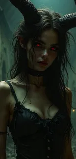Gothic horned woman with red eyes in a dark corridor setting.