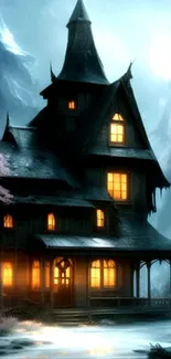 Gothic house with glowing windows in a mystical forest setting.