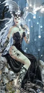 Mystical gothic lady sitting amid skulls in enchanting fantasy setting.