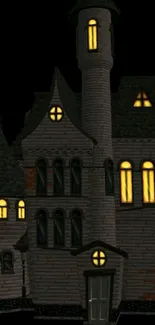 Dark gothic mansion illustration with glowing windows.