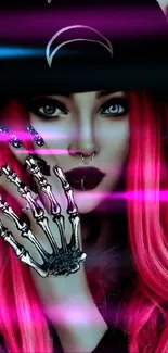 Gothic figure with pink hair and skeletal hand in a dark background.