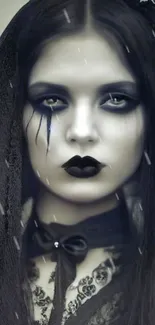 Gothic themed wallpaper of a woman with dark makeup and lace details.