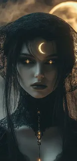 Gothic woman with moon on forehead under a glowing night sky.