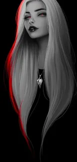 Gothic long-haired woman with red highlights on black background.