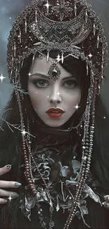 Gothic female portrait with ornate headdress, mystical and dark aesthetic.