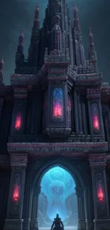 A gothic tower in a surreal fantasy landscape under a night sky.