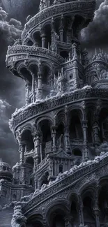 Gothic tower with dramatic clouds in grayscale tones.