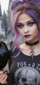 Gothic girl with purple hair and raven, embodying a mystical vibe.