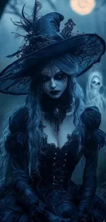 Gothic witch in moonlit forest with ghostly figure.