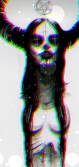 Gothic woman with antlers in glitch art style on a mystical wallpaper.