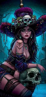 Gothic woman in cemetery holding skull, mystical art.