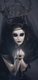 Gothic woman with dark veil holding light, mystical vibe.