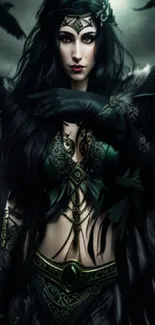 Mystical gothic woman with black feathers