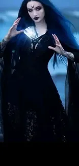 Gothic woman conjuring mystical energy by the ocean.