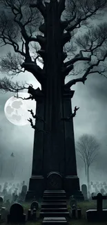 Haunting graveyard with moonlight and misty atmosphere, featuring a gothic tree.