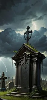 Graveyard with tombstone under a stormy sky with lightning.