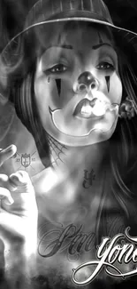 Grayscale artwork of woman with face paint and smoke.