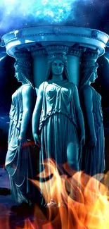 Greek goddess statue with celestial blue background in digital wallpaper design.