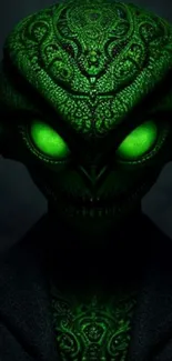 Mystical green alien with glowing eyes and detailed patterns on a dark background.