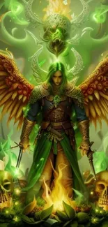 Mystical green angel with fiery wings and glowing skulls in fantasy art.