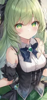 Green-haired anime character illustration on wallpaper.