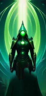 Mystical figure in radiant green armor and beams of light.