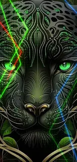 Mystical black panther with green eyes and patterns.