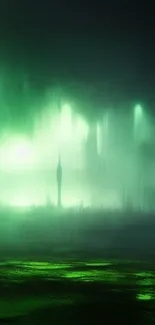 Silhouette in a green, foggy cityscape with an ethereal ambiance.