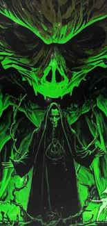 Dark art wallpaper with mystical hooded figure and neon green hues.