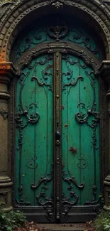 Ornate green door with stone archway.