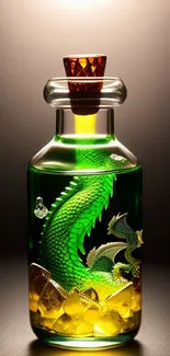 Green dragon inside an elixir bottle with yellow glow on a dark background.