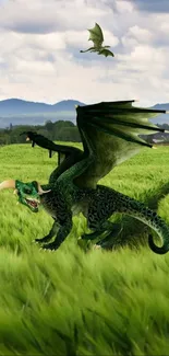 Green dragon flying over a lush field with mountains in the background.