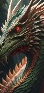 Detailed green dragon with red eyes in a mystical forest setting.