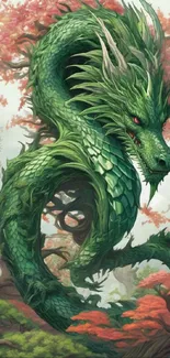 A majestic green dragon entwined among vivid red and green foliage in a fantasy forest.