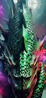 Intricate green dragon with colorful scales on a fantasy-themed mobile wallpaper.