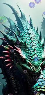 Vibrant teal dragon with intricate scales and majestic pose.