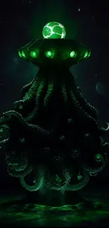 Mystical green energy sphere with tentacles on cosmic background.