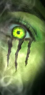 Close-up of a glowing green eye with an eerie mystical design.