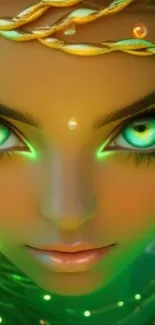 Fantasy character with glowing green eyes and mystical aura.